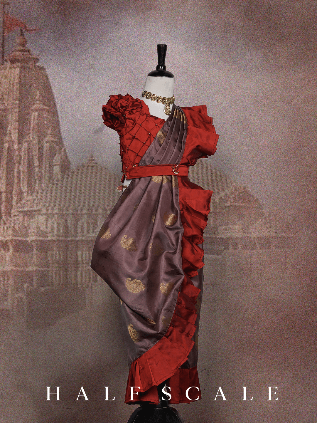 Chocolate Nauvari Saree with Maroon Frills