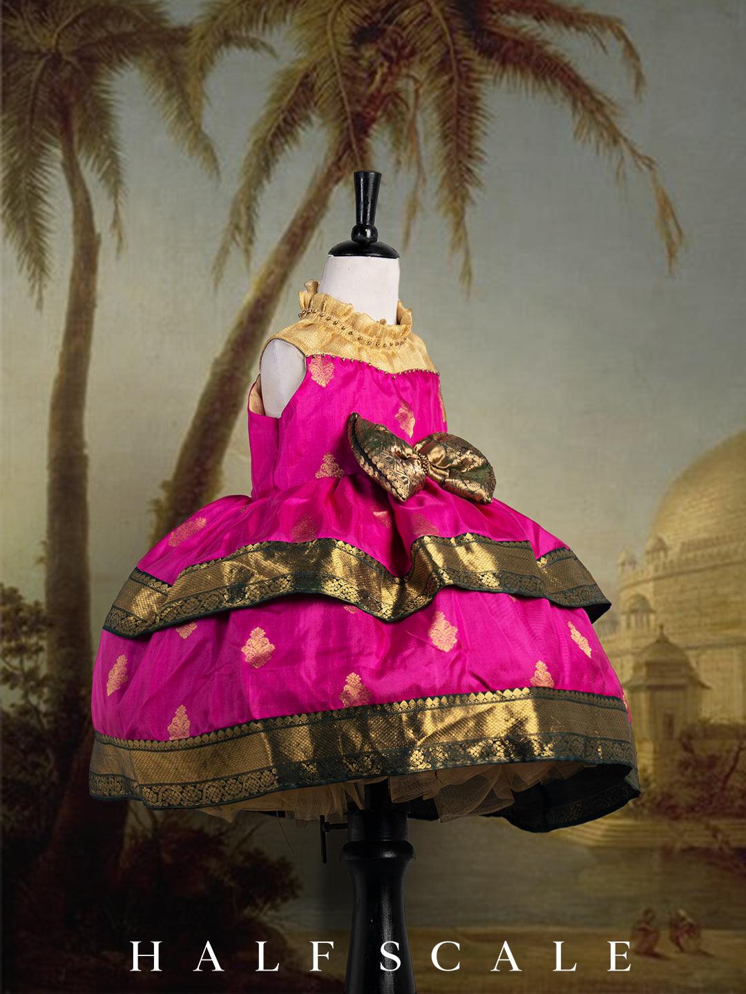 Fuchsia Pink Two Tiered Kanjivaram Silk Gown Silk Gown Half scale