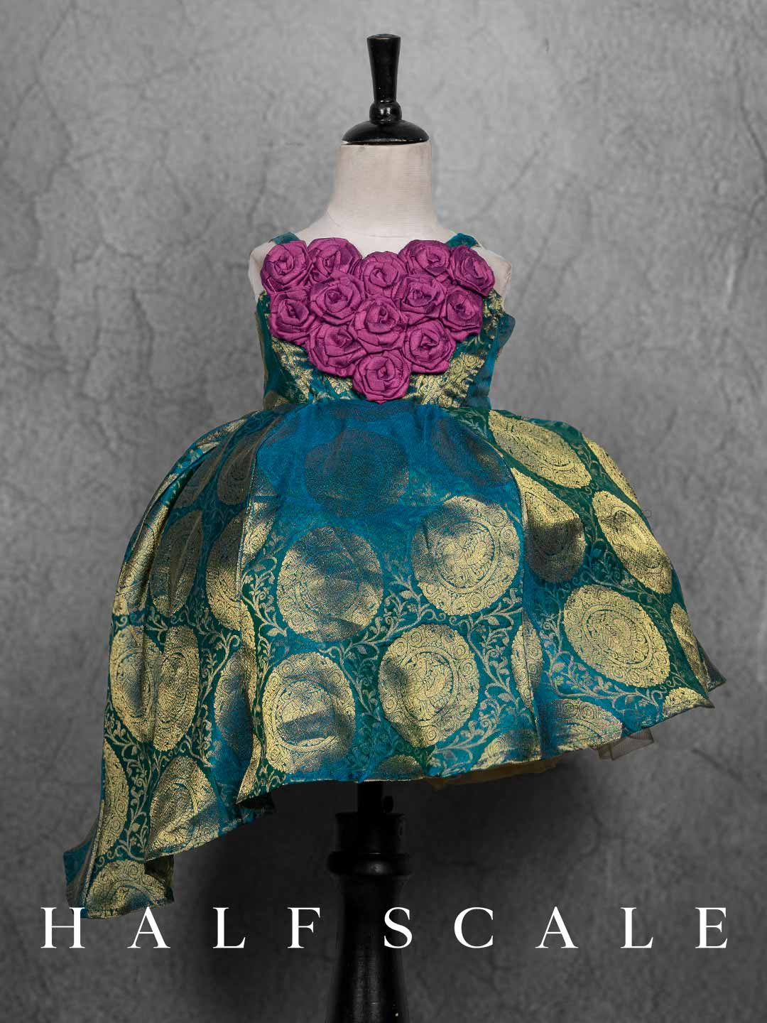 Peacock Blue Jacquard Rosette Kanjivaram Silk Gown