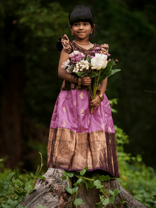 Hickory Brown and Lilac Kanjivaram Silk Pavadai Set with half-fine Zari pleated blouse Kanjivaram Pattu Pavadai Set Half Scale