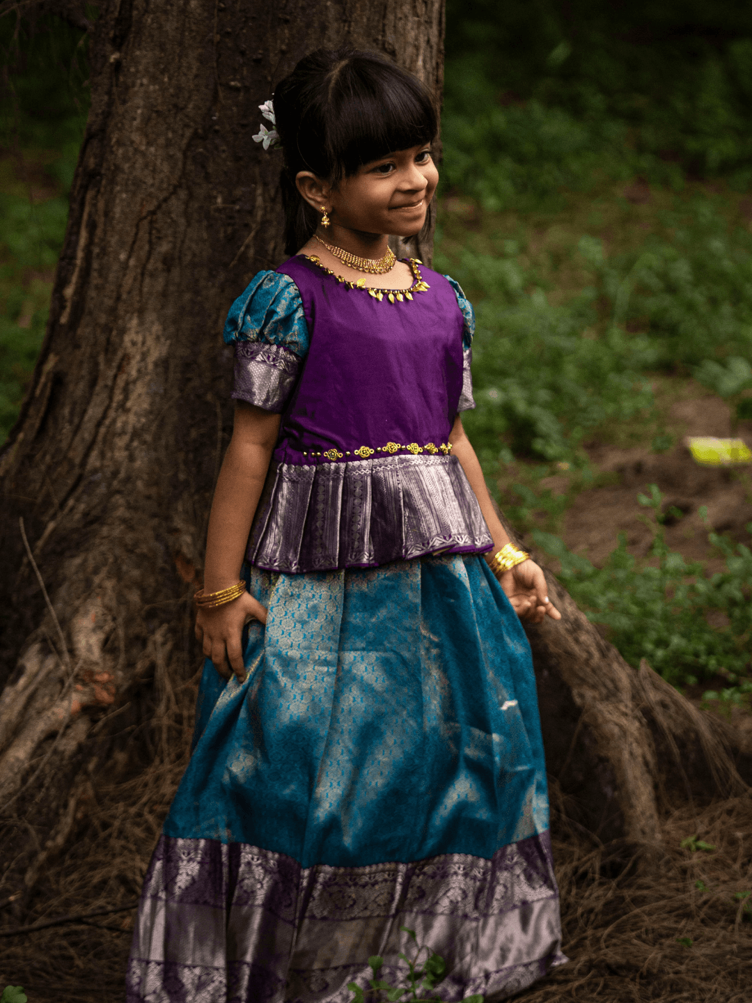 Sky Blue Jacquard and Eggplant Pleated Silver Zari Kanjivaram Silk Pavadai Set Kanjivaram Pattu Pavadai Set Half Scale