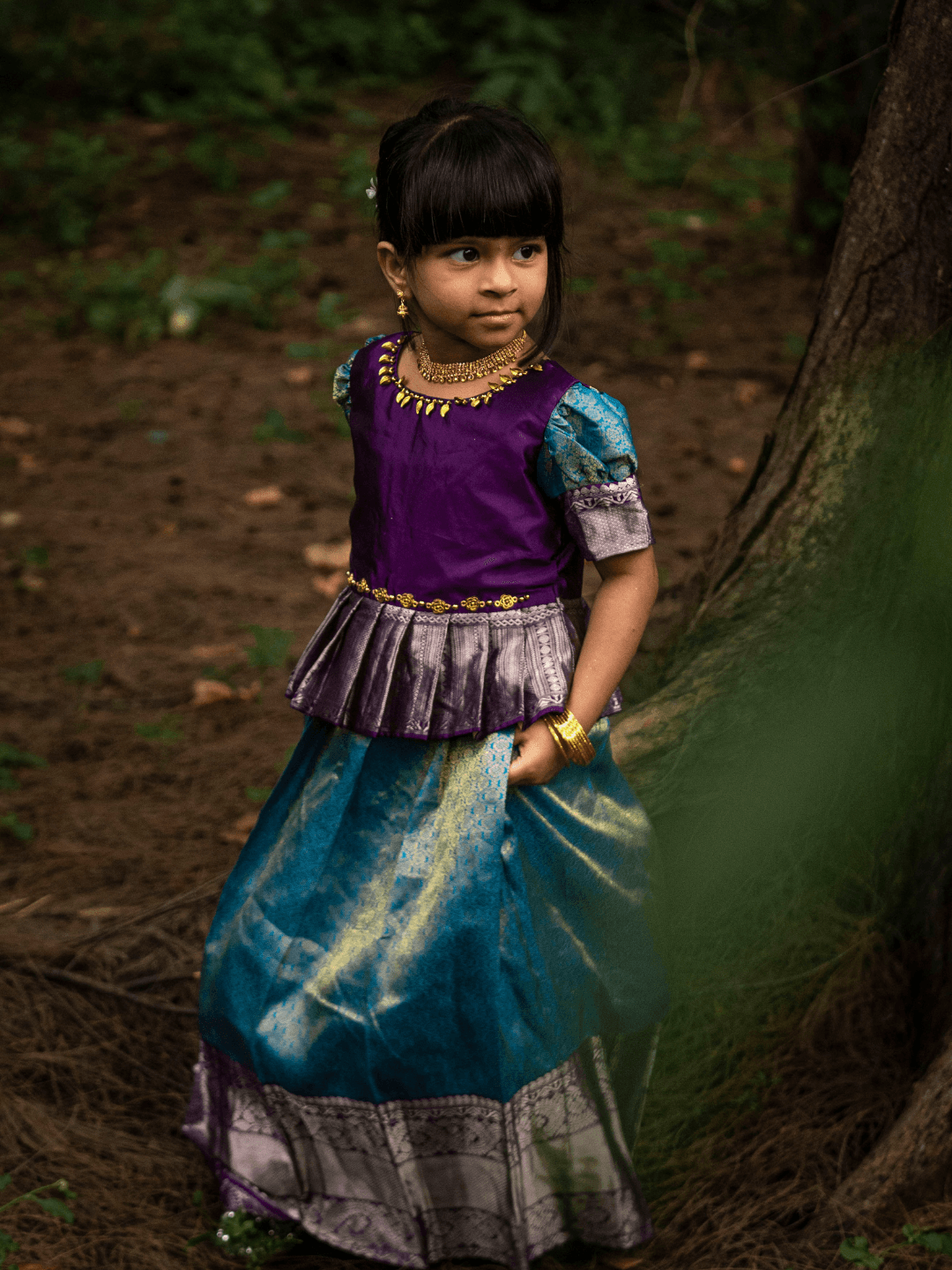 Sky Blue Jacquard and Eggplant Pleated Silver Zari Kanjivaram Silk Pavadai Set Kanjivaram Pattu Pavadai Set Half Scale