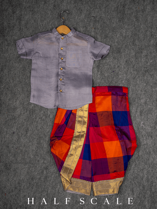 Lavendar and Multicolor Checkered Kanjivaram Silk Dhoti Pants Set Clothing Half Scale