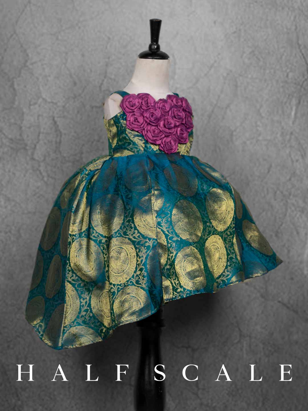 Peacock Blue Jacquard Rosette Kanjivaram Silk Gown