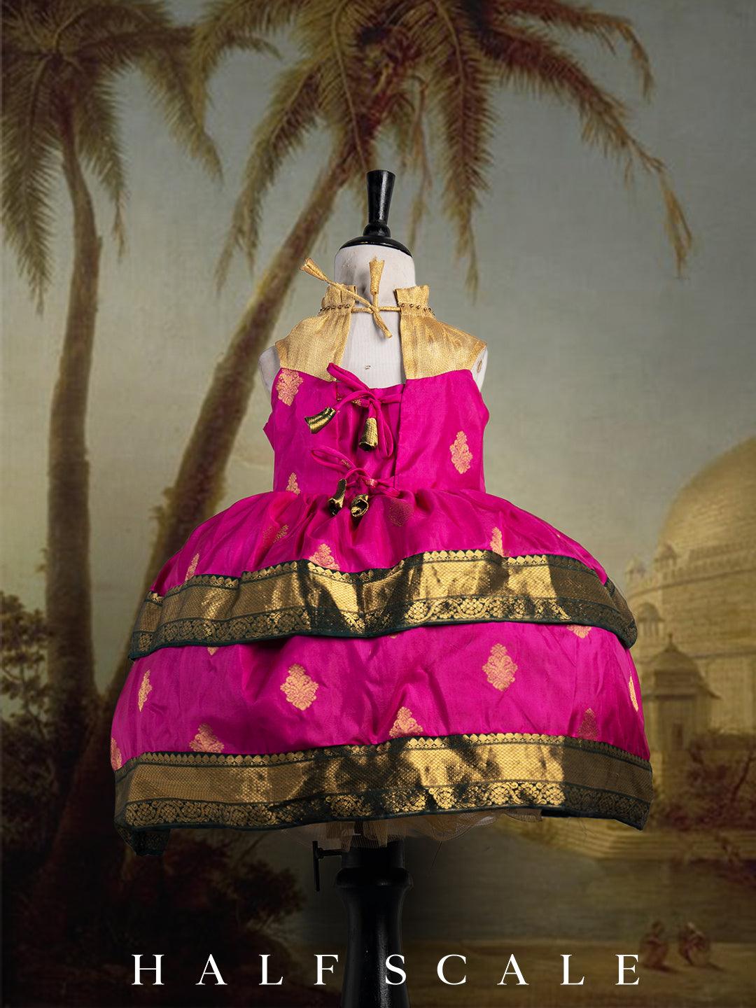 Fuchsia Pink Two Tiered Kanjivaram Silk Gown Silk Gown Half scale