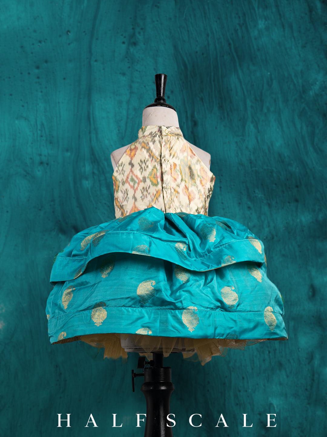 Ivory and Aqua Blue Tiered Kanjivaram Silk Gown Silk Gown Half scale