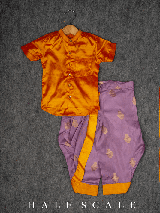 Gold and Lavendar Kanjivaram Silk Dhoti Pants Set Clothing Half Scale