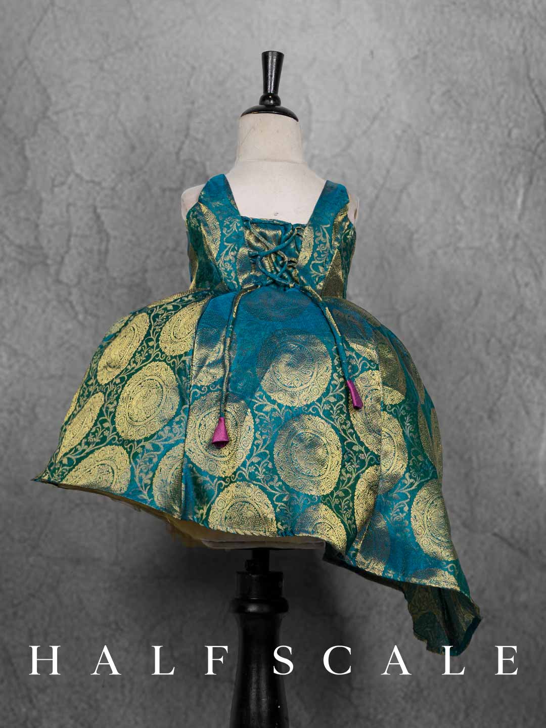 Peacock Blue Jacquard Rosette Kanjivaram Silk Gown