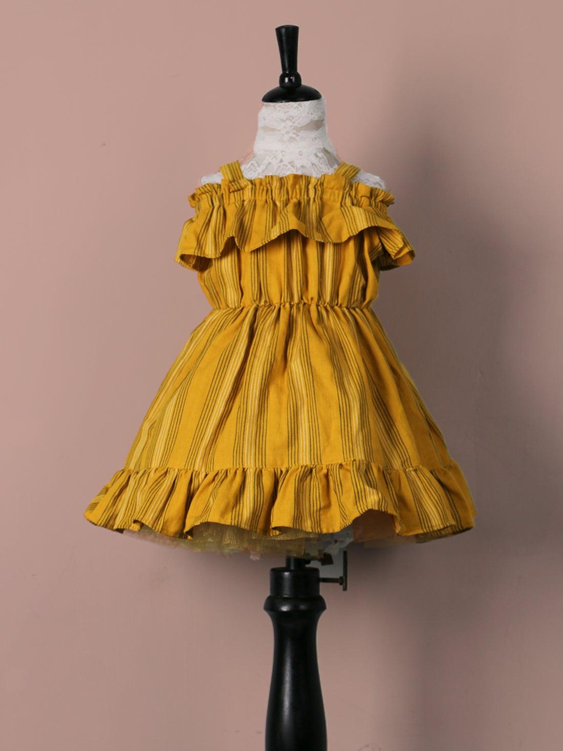 Handloom Woven Mustard yellow Girl’s Fit & Flare Dress WeaversKnot 