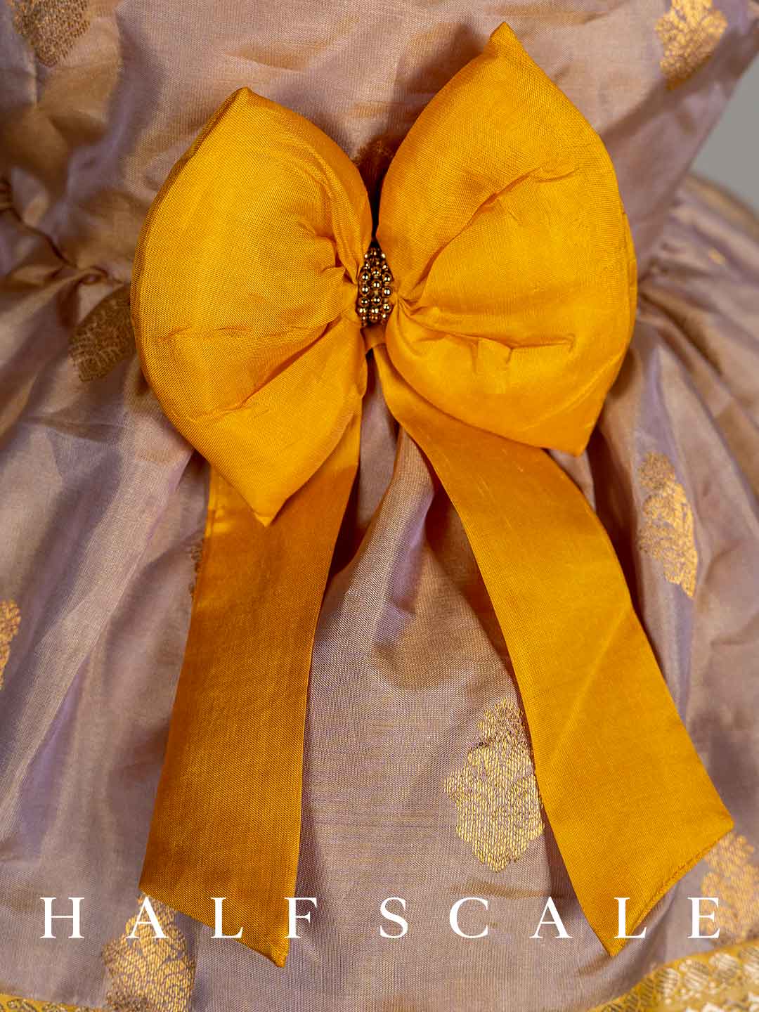 Golden Beige Border Knee Length Kanjivaram Silk Gown - Pattu South Indian Traditional Dress for Baby Girl - Indian Wedding Dress for Kid Girl.