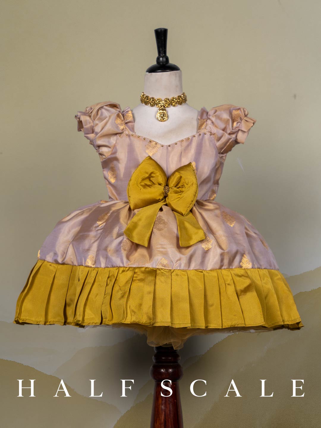 pleated gold Knee Length Kanjivaram Silk Gown - Pattu South Indian Traditional Dress for Baby Girl - Indian Wedding Dress for Kid Girl.