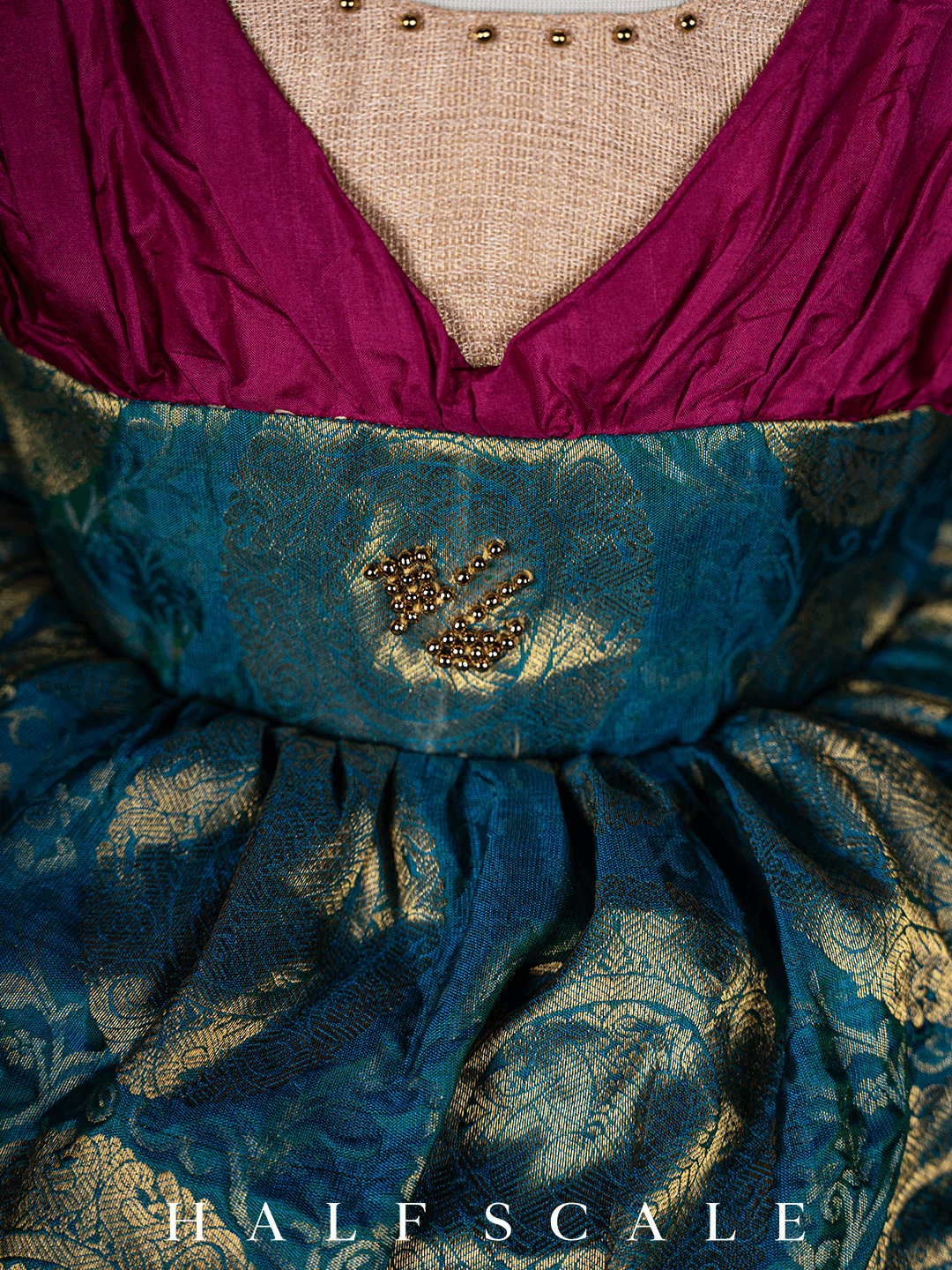 Boysenberry and Peacock Jacquard Two-Tiered Kanjivaram Silk Gown Silk Gown Half Scale