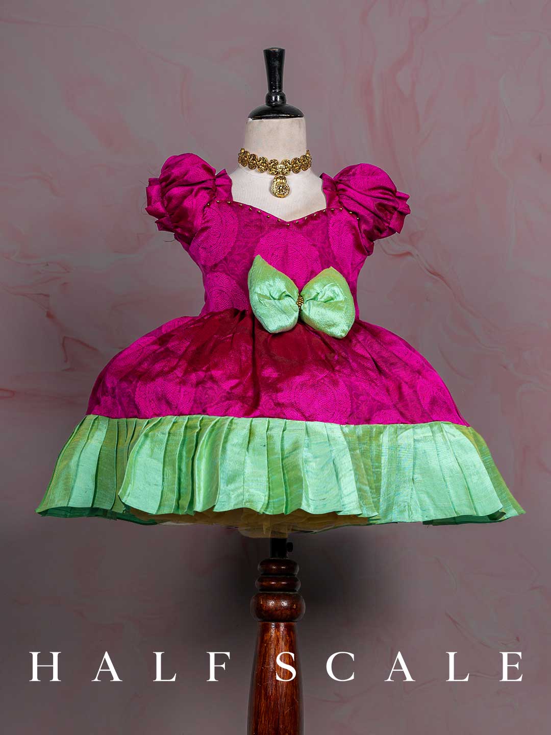 Magenta with mint green Pleated Kanchipuram Silk Pattu Frocks for Babies and Kids Wedding Dresses