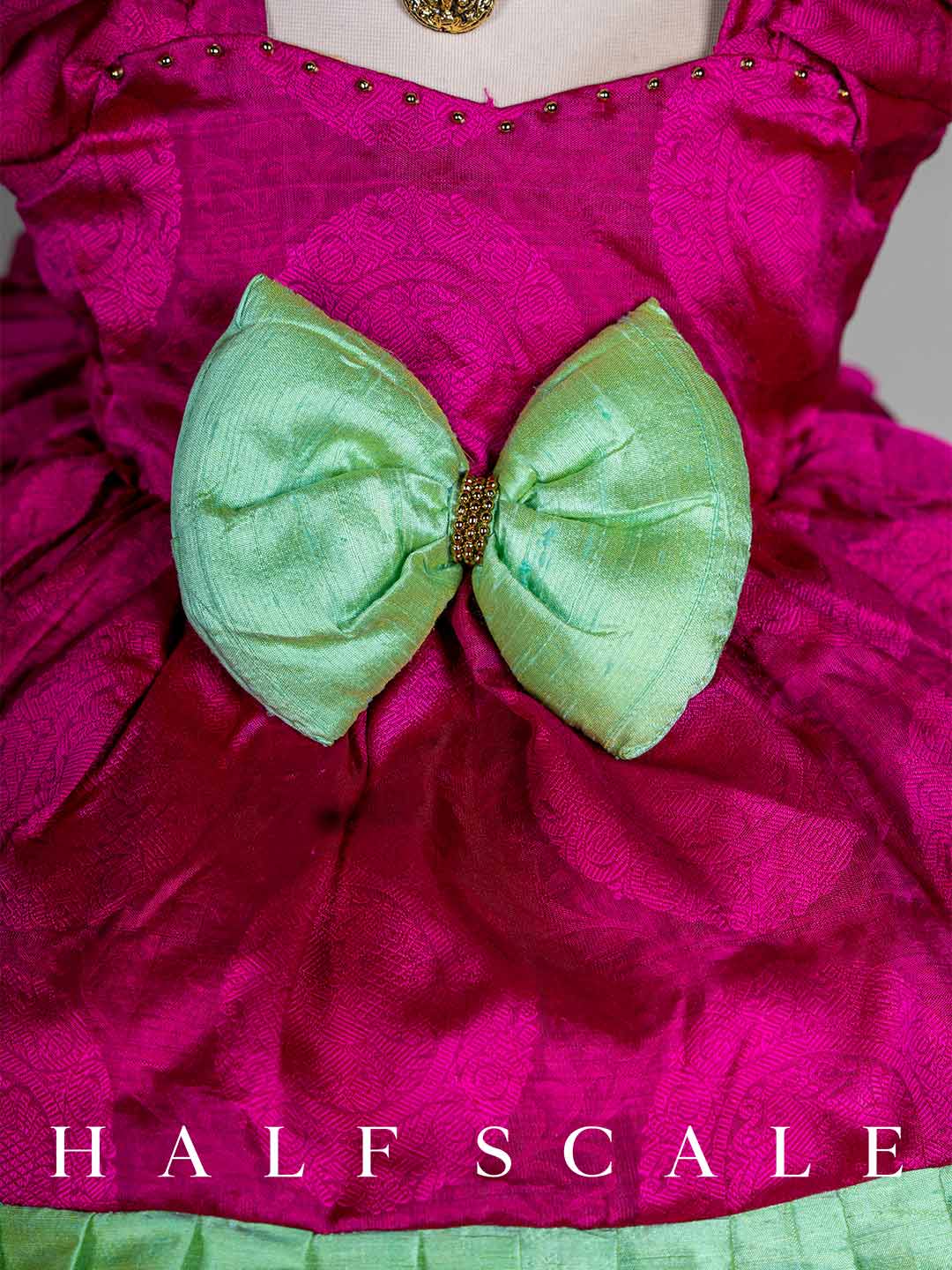 Magenta with mint green Pleated Kanchipuram Silk Pattu Frocks for Babies and Kids Wedding Dresses