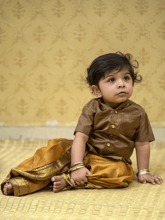Honey brown & Orange Kanjivaram Silk Dhoti Pants Set Clothing Half Scale