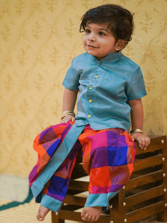 Blue and Multicolor Checkered Kanjivaram Silk Dhoti Pants Set Clothing Half Scale