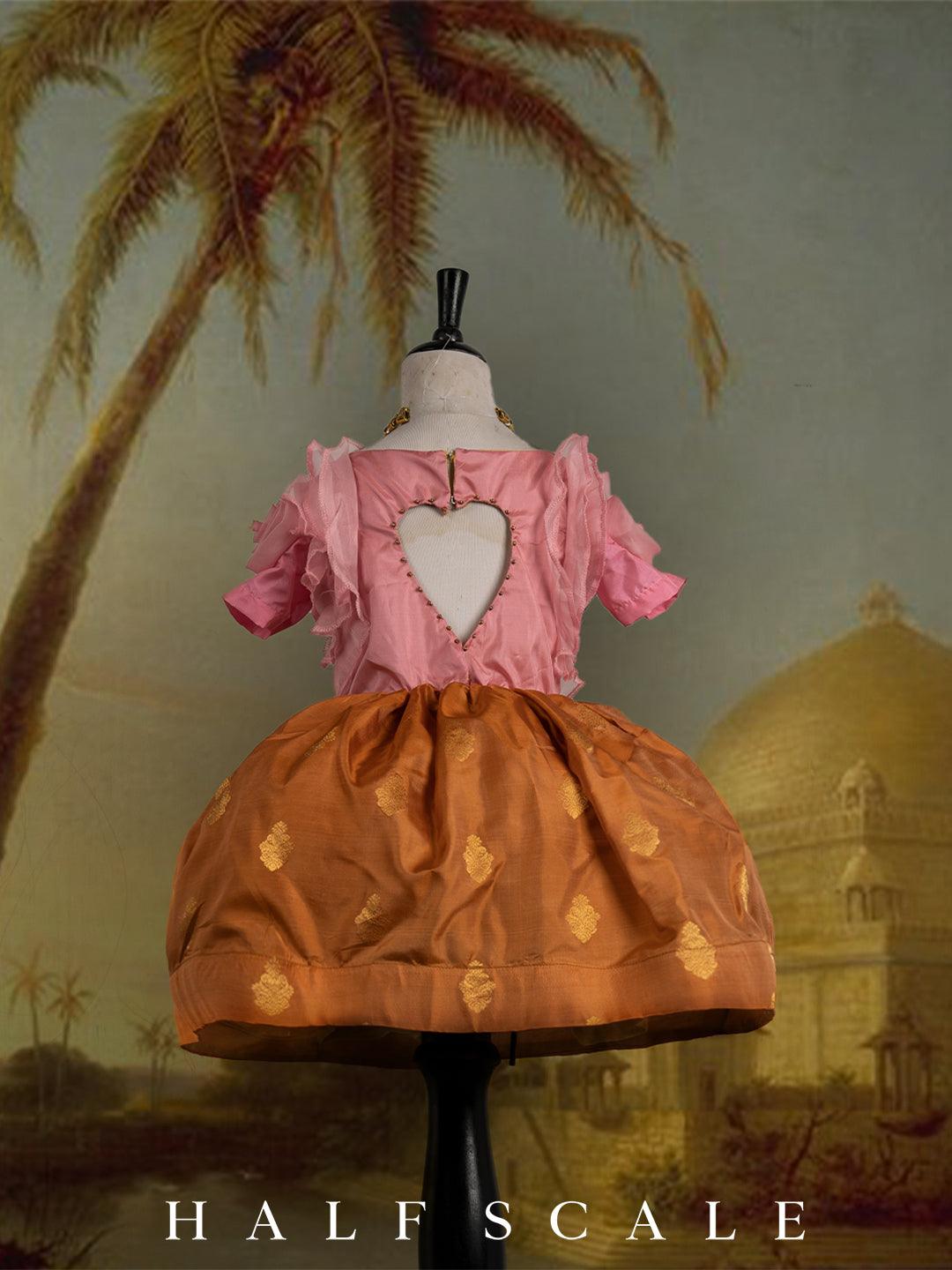 Bubblegum Pink and Latte Floral Sleeves Kanjivaram Silk Gown Silk Gown Half Scale