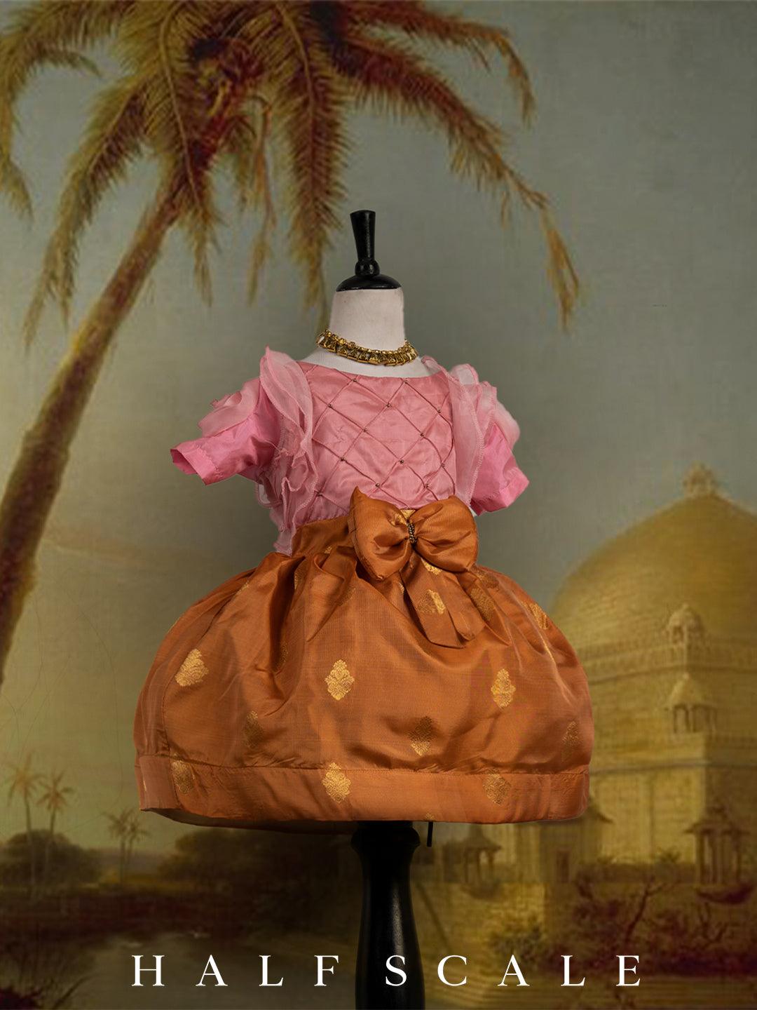 Bubblegum Pink and Latte Floral Sleeves Kanjivaram Silk Gown Silk Gown Half Scale