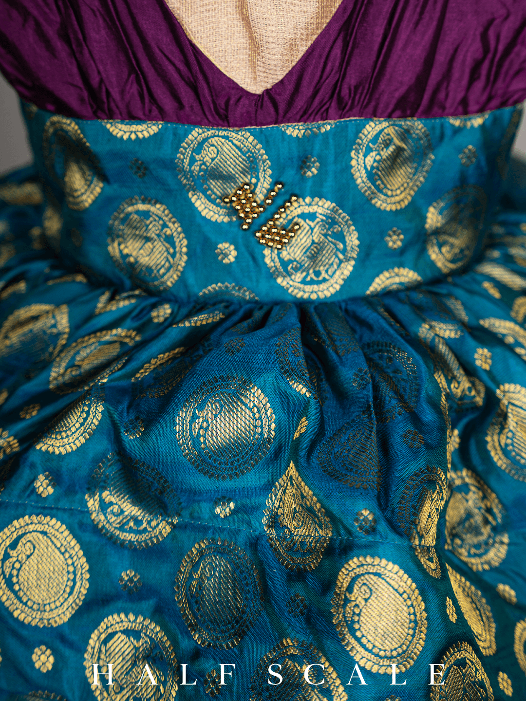 Eggplant and Peacock Jacquard Two-Tiered Kanjivaram Silk Gown Silk Gown Half Scale