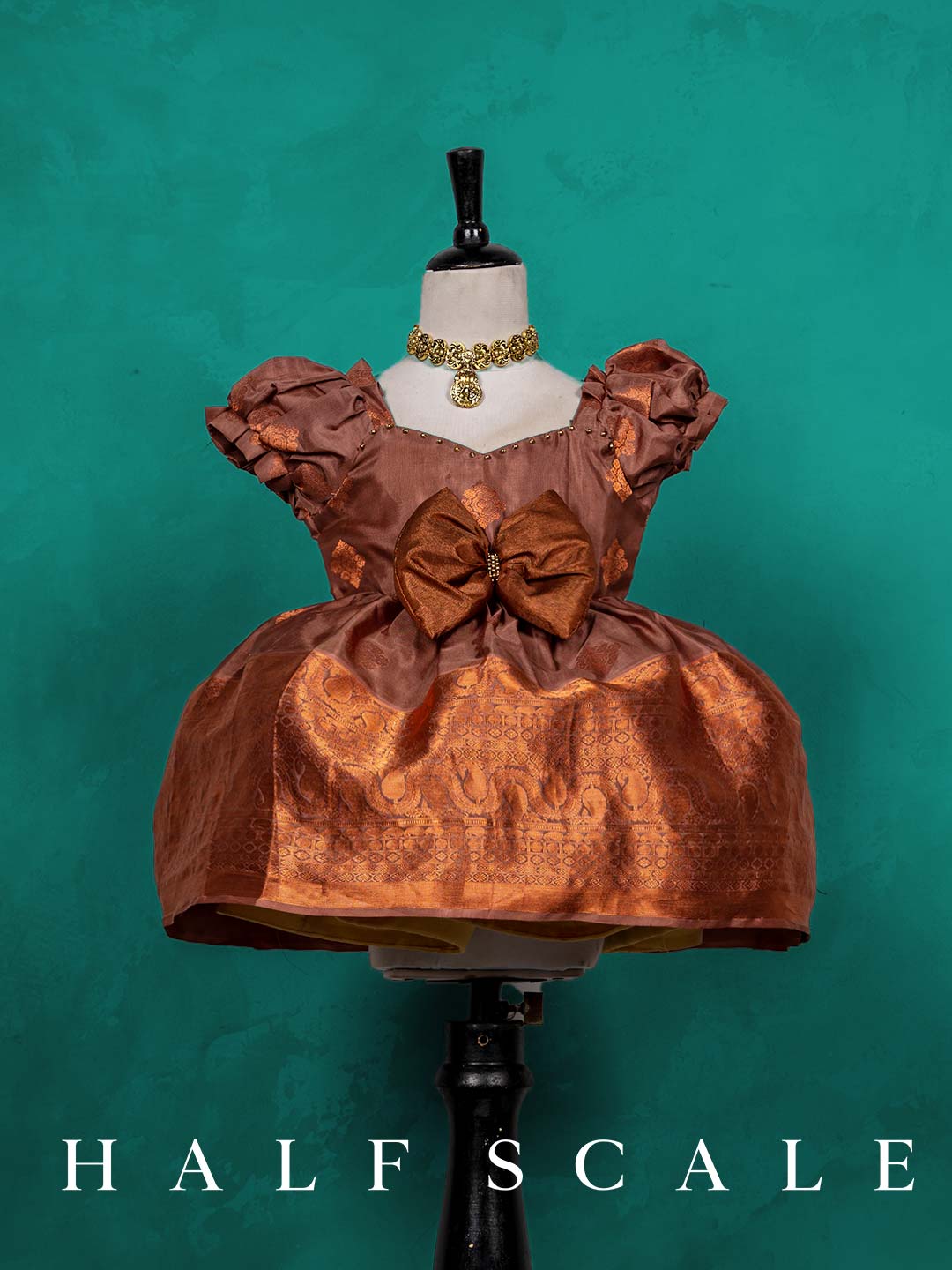 Copper Pattu Frock for Baby Girl - Pure Kanjivaram Silk Dress with Intricate Zari Work and Embroidery
