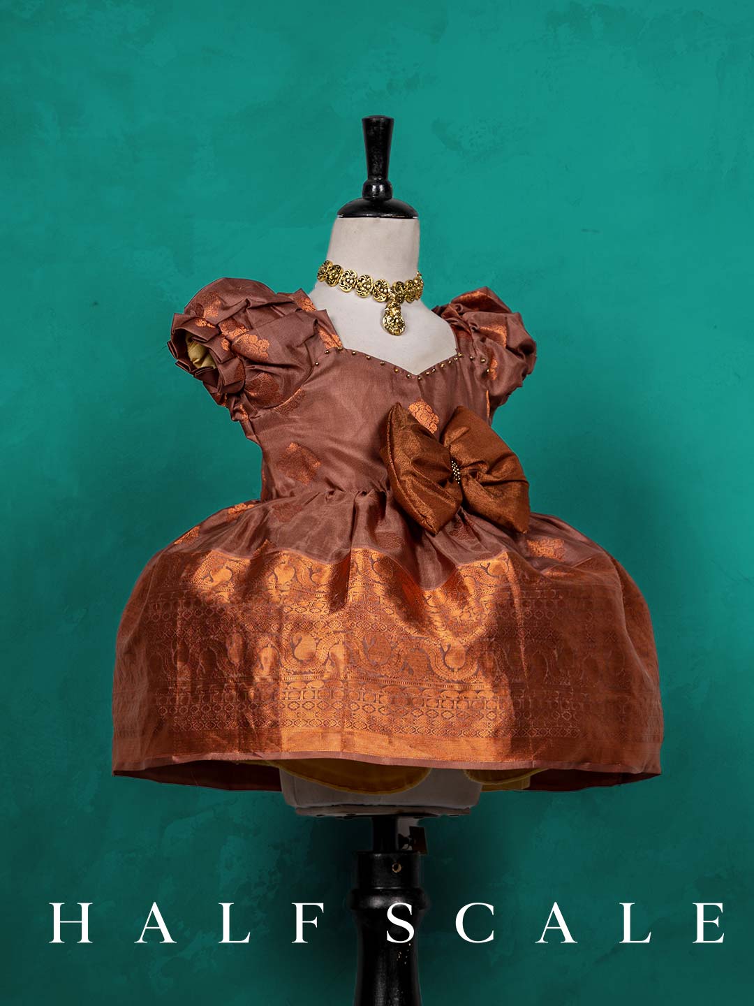 Copper Pattu Frock for Baby Girl - Pure Kanjivaram Silk Dress with Intricate Zari Work and Embroidery