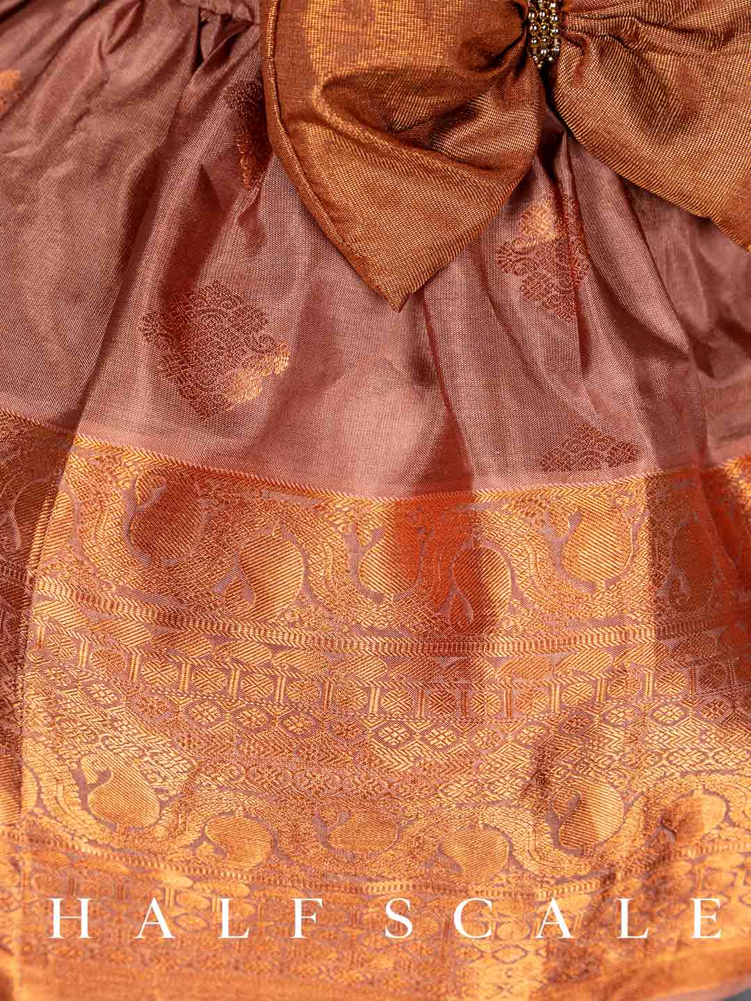 Copper Silk Dress for Baby Girl India- Pure Kanjivaram Silk Dress with Intricate Zari Work and Embroidery