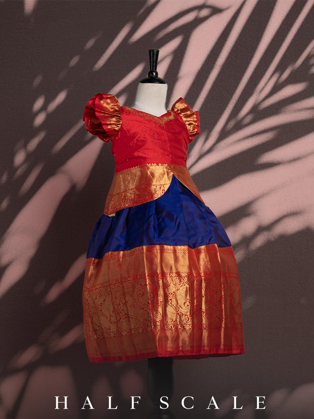 Chilli red and navy blue pattu pavadai set Silk Gown Half scale
