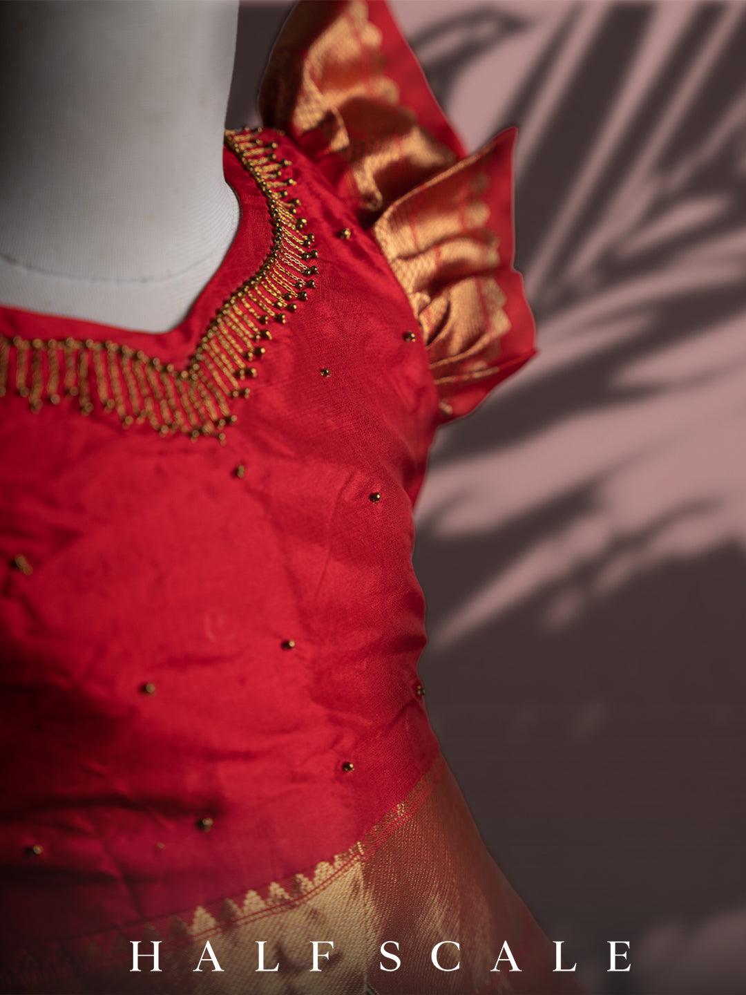 Chilli red and navy blue pattu pavadai set Silk Gown Half scale