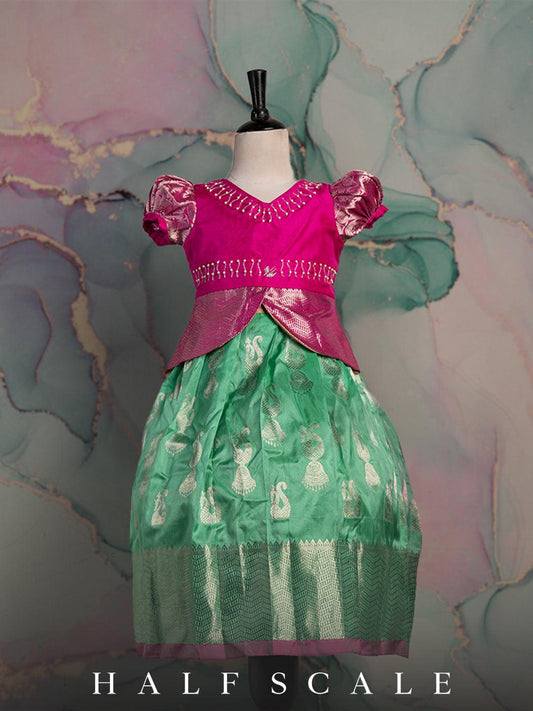 Magenta and sea foam pattu pavadai set Silk Gown Half scale