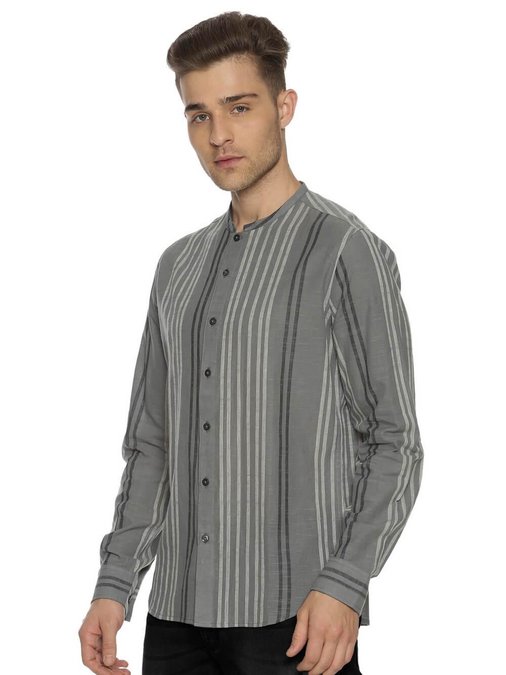 Handloom Woven Steel Gray Stripes Men Slim Fit Shirt WeaversKnot 