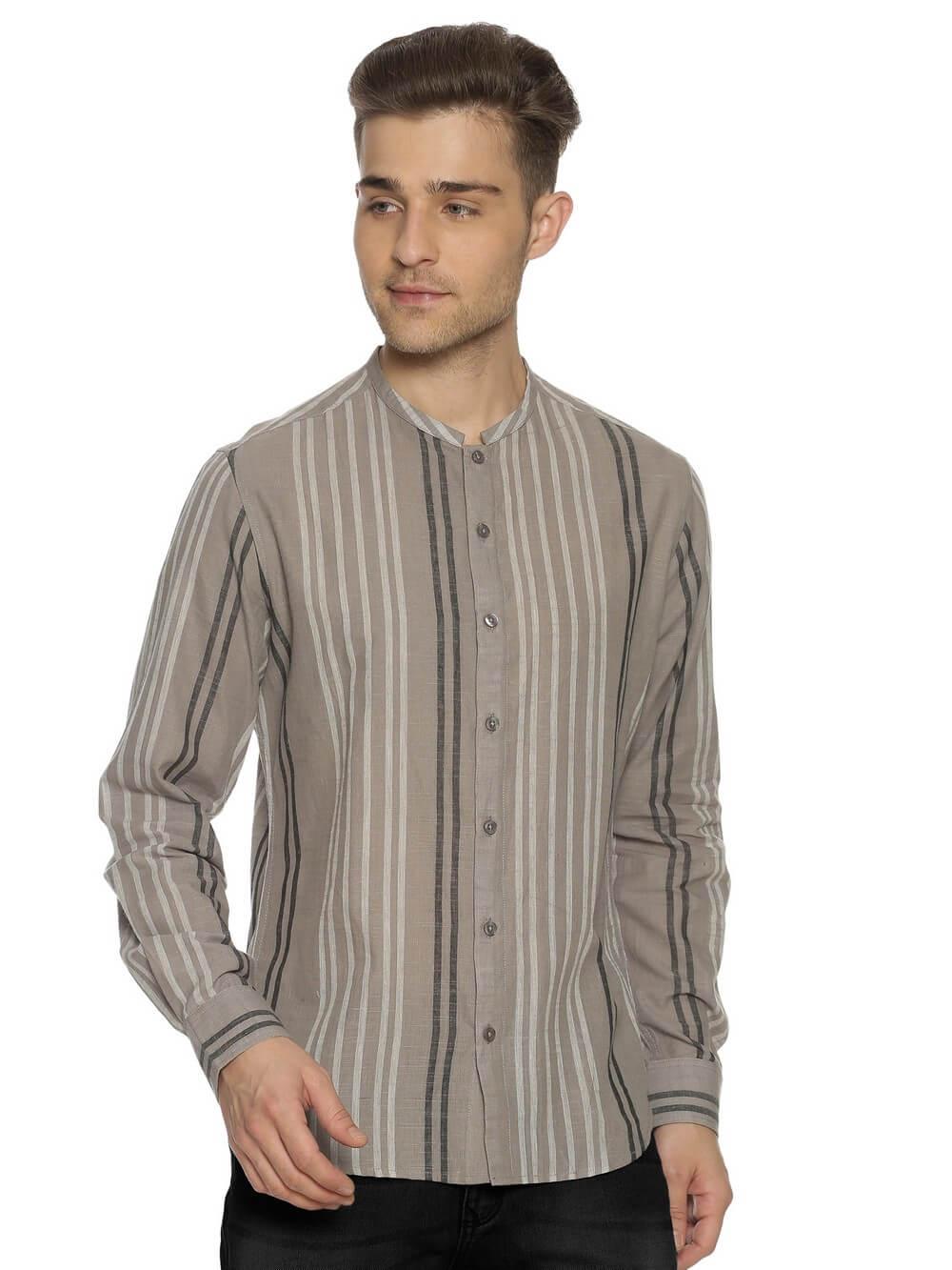 Handloom Woven Stone Gray Stripes Men Slim Fit Shirt WeaversKnot 