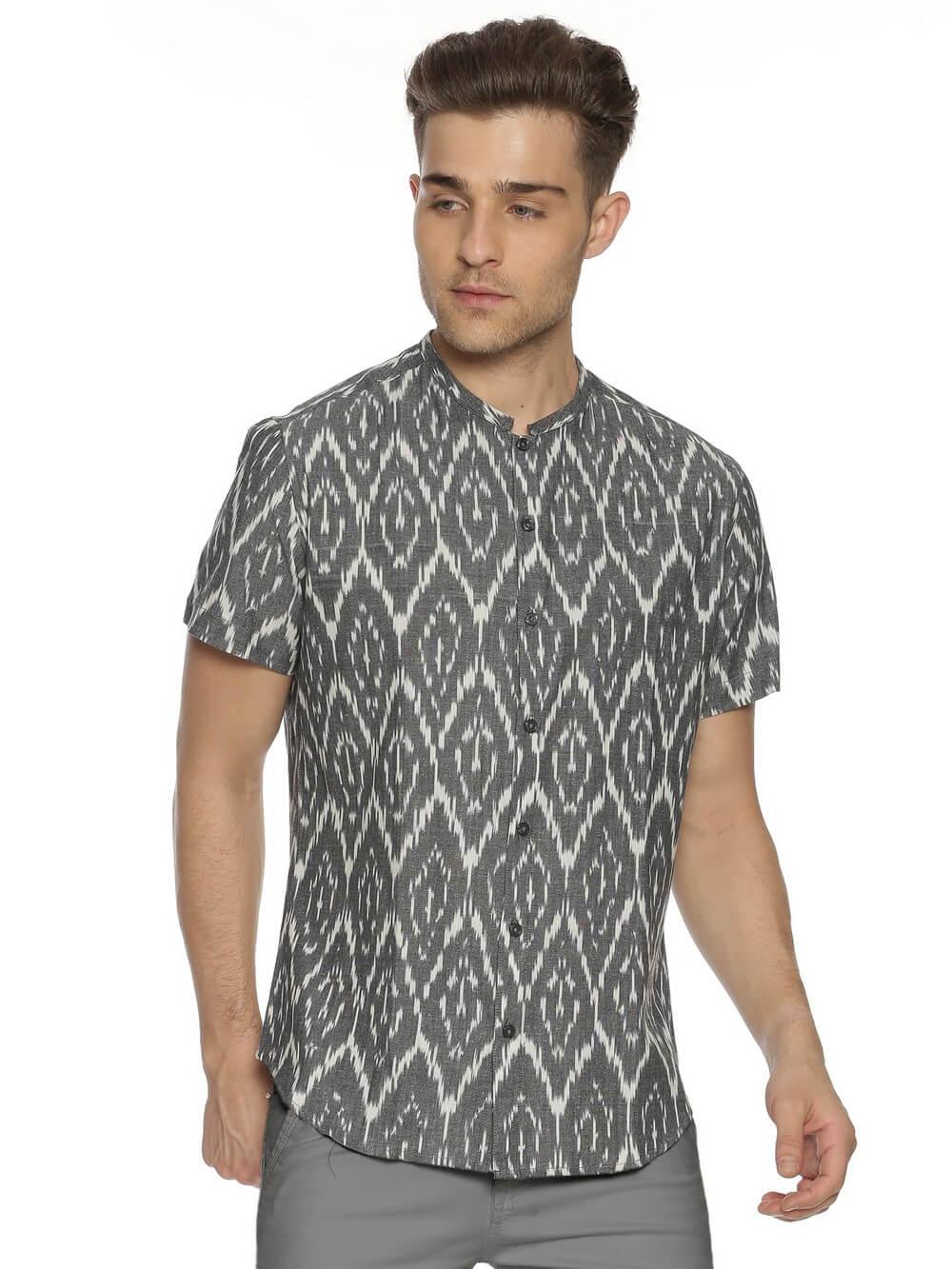 Ikat Woven Gray Men Slim Fit Half Sleeve Shirt WeaversKnot 