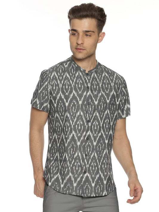 Ikat Woven Gray Men Slim Fit Half Sleeve Shirt WeaversKnot 