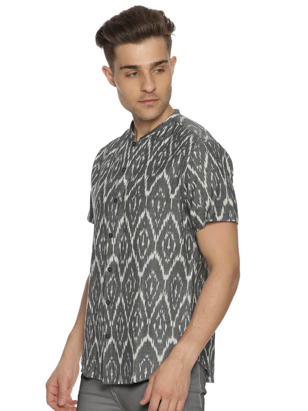 Ikat Woven Gray Men Slim Fit Half Sleeve Shirt WeaversKnot 