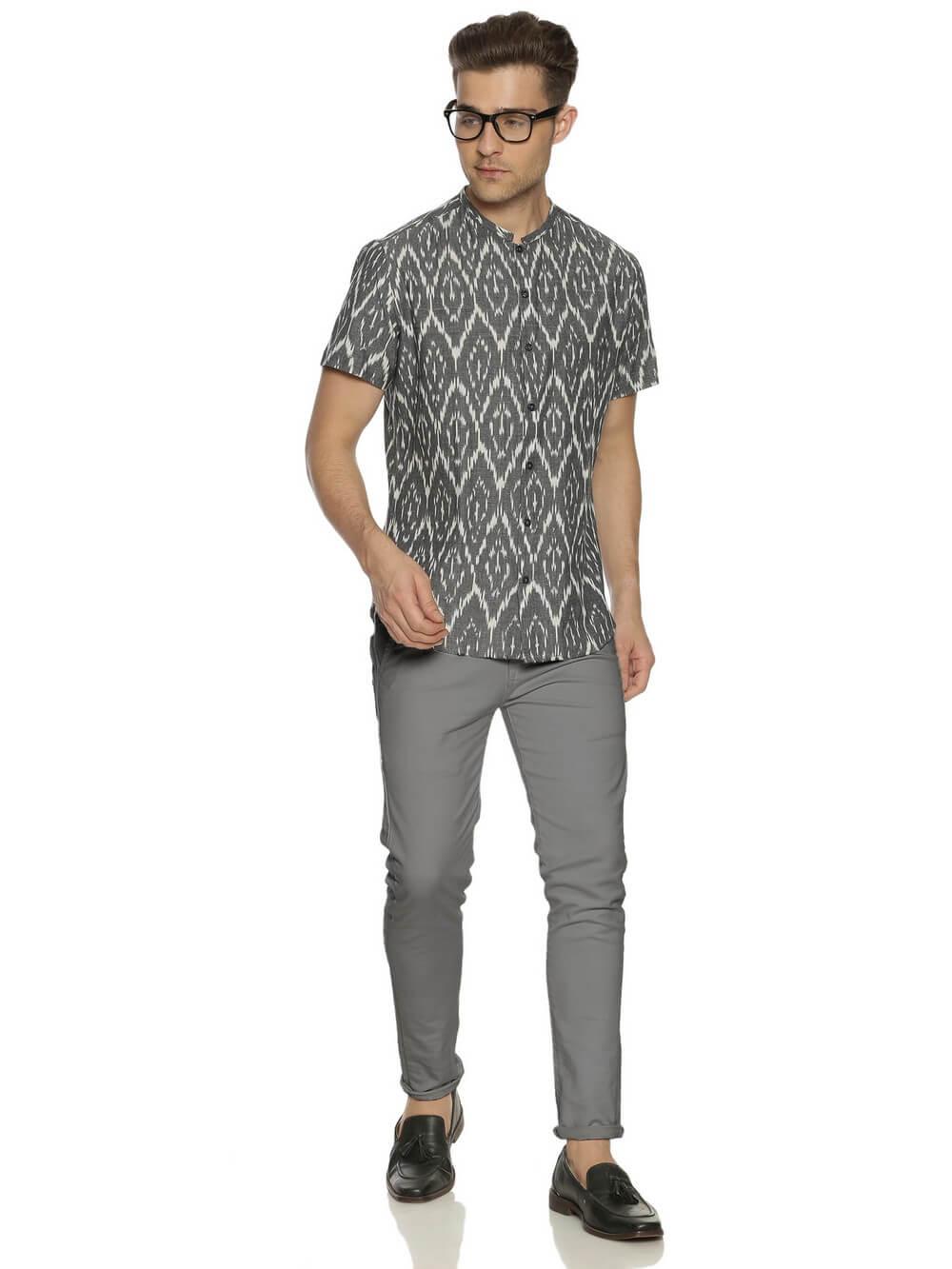 Ikat Woven Gray Men Slim Fit Half Sleeve Shirt WeaversKnot 