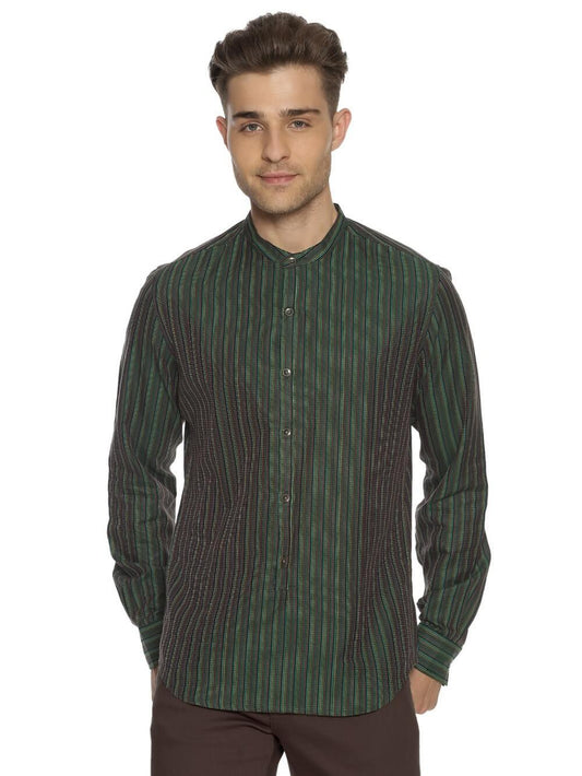 Jacquard Woven Sacramento Green Men Slim Fit Full sleeves Shirt WeaversKnot 