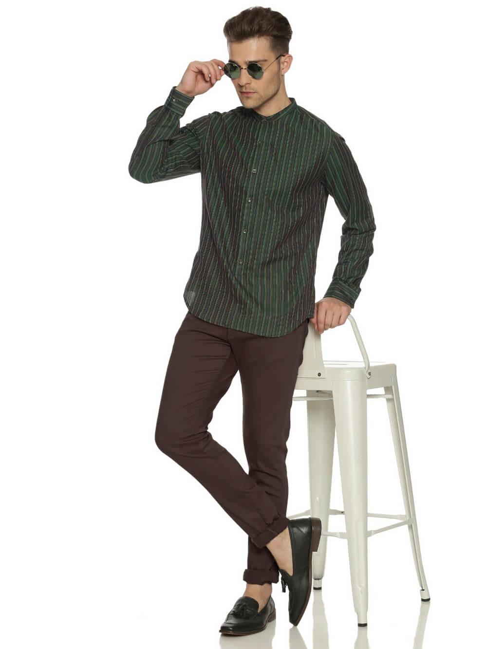 Jacquard Woven Sacramento Green Men Slim Fit Full sleeves Shirt WeaversKnot 