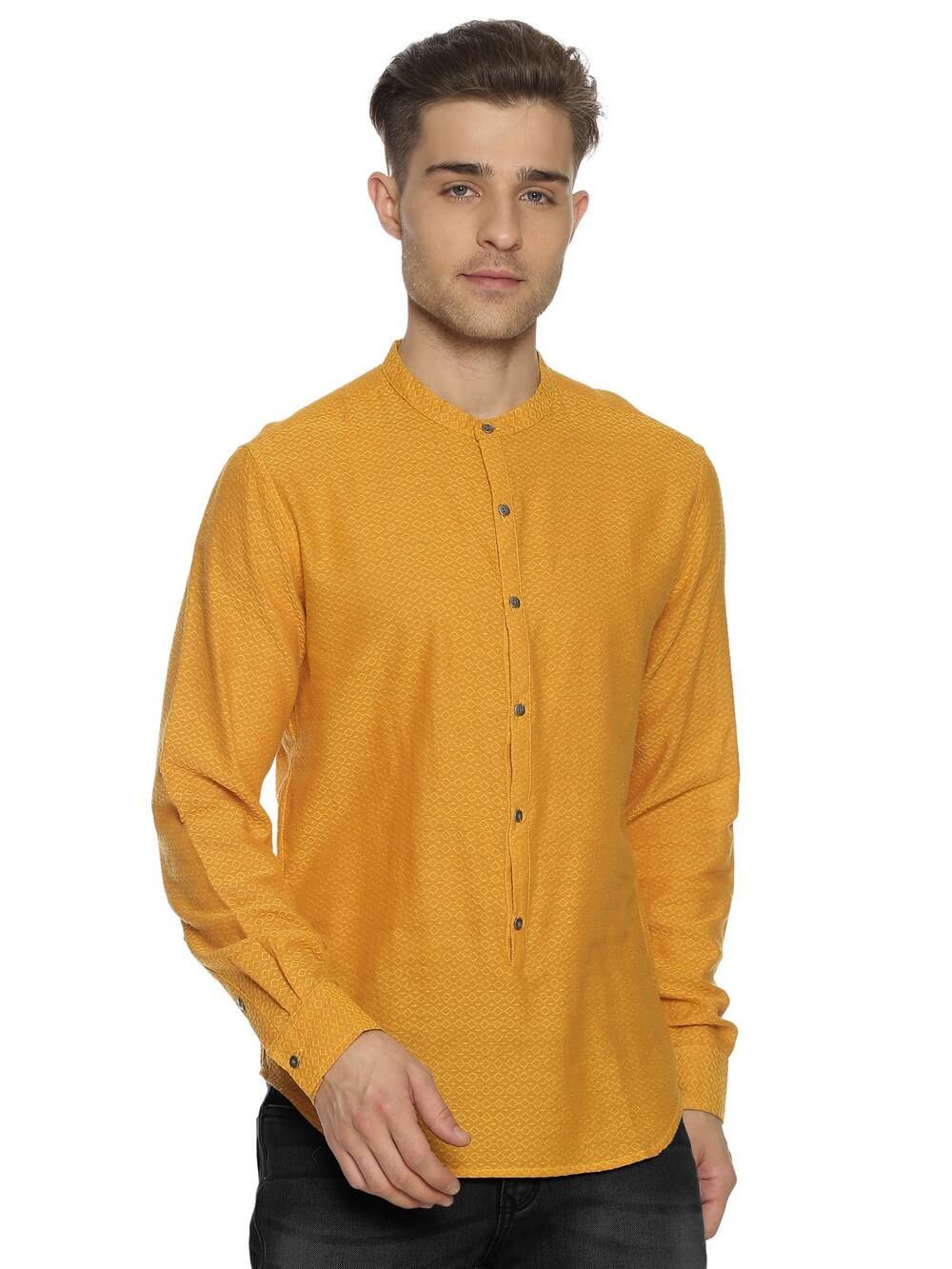 Jacquard Woven Mustard Yellow Men Slim Fit Full sleeves Shirt WeaversKnot 