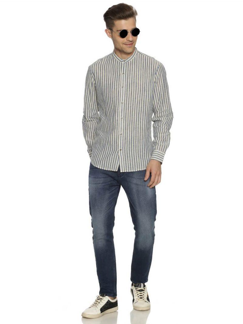 Handloom Woven Blue Stripes Men Slim Fit Shirt WeaversKnot 