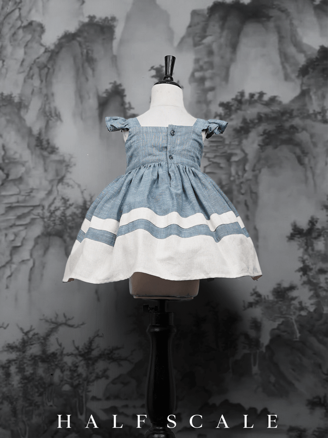Handloom Woven Denim Blue Girl's Fit & Flare Dress with White Stripes  WeaversKnot