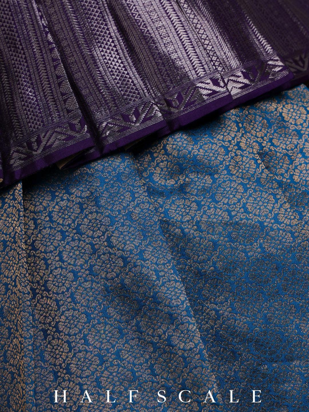 Sky Blue Jacquard and Eggplant Pleated Silver Zari Kanjivaram Silk Pavadai Set Kanjivaram Pattu Pavadai Set Half Scale