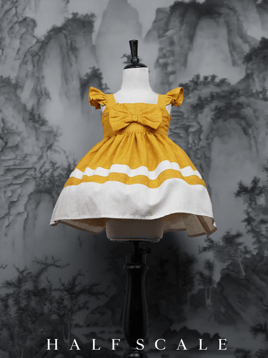 Handloom Woven Mustard Yellow Girl's Fit & Flare Dress with White Stripes Clothing WeaversKnot