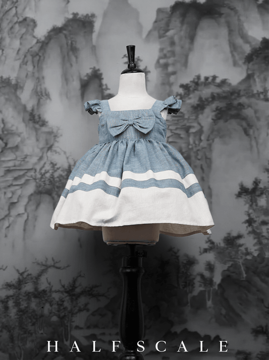 Handloom Woven Denim Blue Girl's Fit & Flare Dress with White Stripes  WeaversKnot