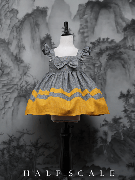 Handloom Woven Gray Girl's Fit & Flare Dress with Mustard Yellow Stripes  WeaversKnot